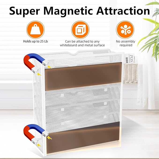 6 Tier Magnetic File Holder, Large Capacity Mesh Hanging Wall Organizer Vertical Magnetic Hanging File Organizer, Magnetic File Folder Holder for File Cabinets, Office, Whiteboard (White)