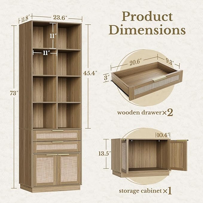 Bookshelf with 2 Drawers and Doors, 73 Inch Rattan Tall Bookcase with 4-Tier Storage Shelves, Wooden Book Shelf for Home Office, Light Oak