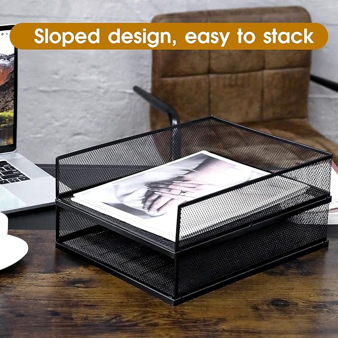 Magazine File Holder, 2 Pack Desk Organizer and Accessories, Metal Paper Tray Office Document Organizer Wire Mesh Letter Trays Stackable Desk File Storage Basket, Black