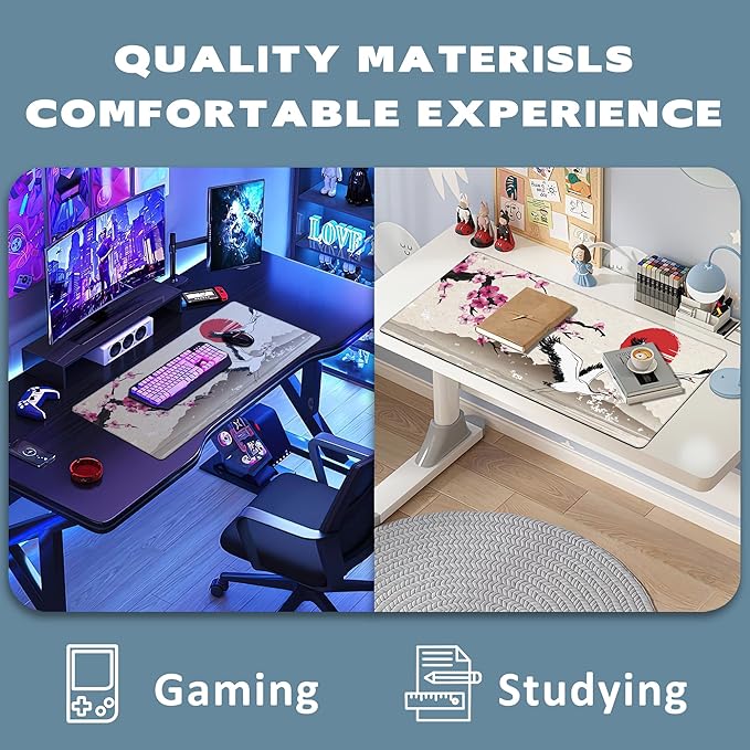 Extended Gaming Mouse Pad Sakura Branch and Flying Herons Large Mousepad with Stitched Edges,Anti-Slip Rubber Base Keyboard Mouse Mat Desk Pad for Gaming Home Office 35.4 x 15.7 inches