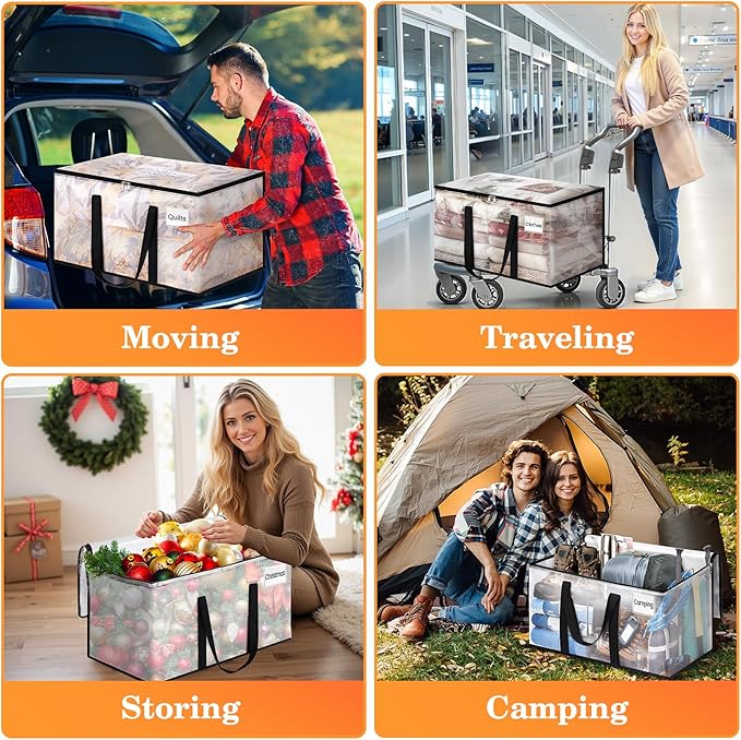 Extra Large Heavy Duty Moving Bags, Storage Bags with Strong Zippers & Handles, Packing Bags for Moving Essentials, Ideal Storage Tote for Home, Dorm & Storage Solutions, 76L, 4 Packs, Clear