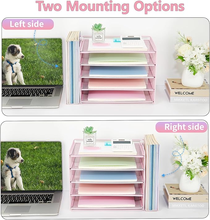 OPNICE 5-Tier Paper Organizer with Magazine Holder, Desk Organizers and Accessories, Office Desk Accessories & Workspace Organizers, Desktop File Organizer for Office Supplies Storage, Pink