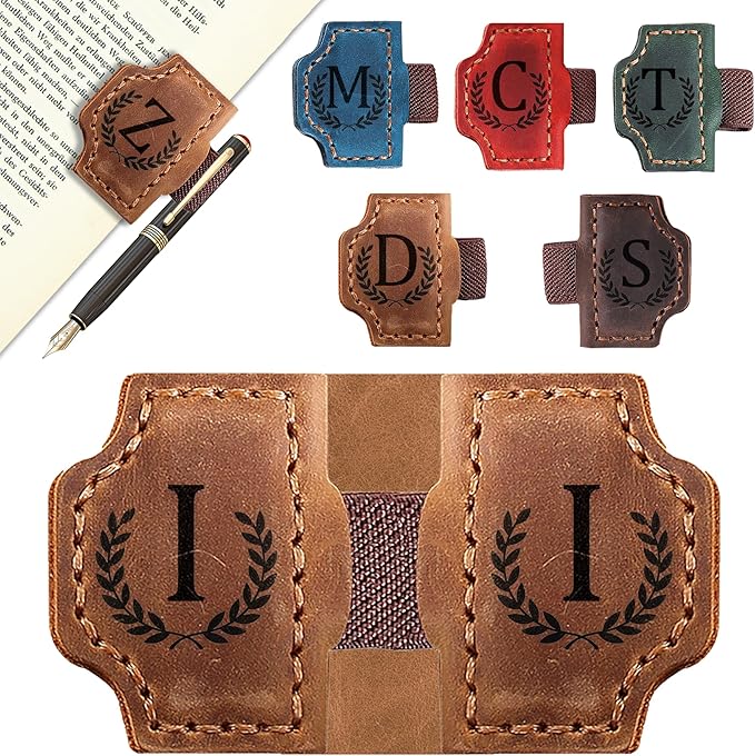 Bygone Mark Bookmark with Pen Holder, 26 Letters Name Initial Personalized Magnetic Bookmarks, Leather Book Mark for Men Women, Travelers Accessories, Teachers Readers Book Lovers Gifts (Brown, I)