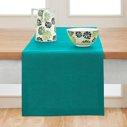 Solino Home Linen Teal Table Runner 108 Inches Long - 100% Pure Linen 14 x 108 Inch Table Runner for Dining, Fall, Autumn - Fete, Handcrafted and Machine Washable