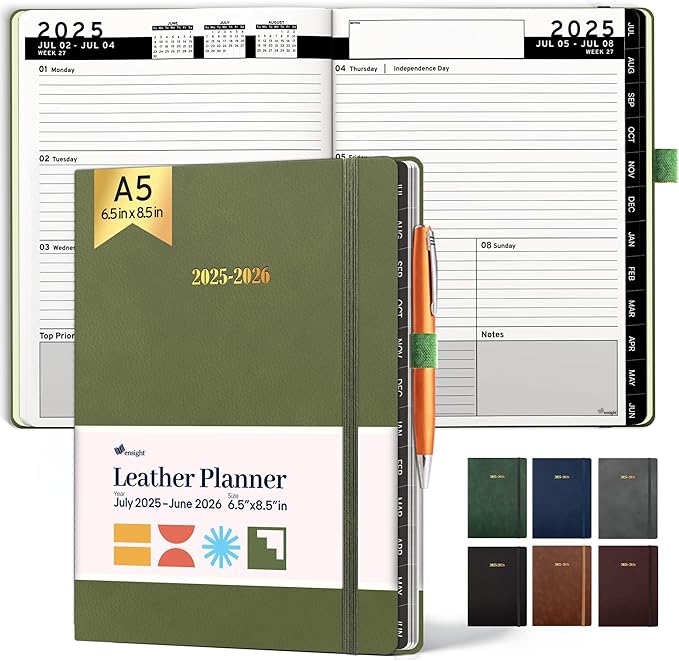 Ensight 2025-2026 HARDCOVER Leather Planner Weekly & Monthly - 6.5x8.5 Inches - Academic Planner Business Personal or Student - Pen Holder, Thick Paper, July 2025 - June 2026 (Olive Green)