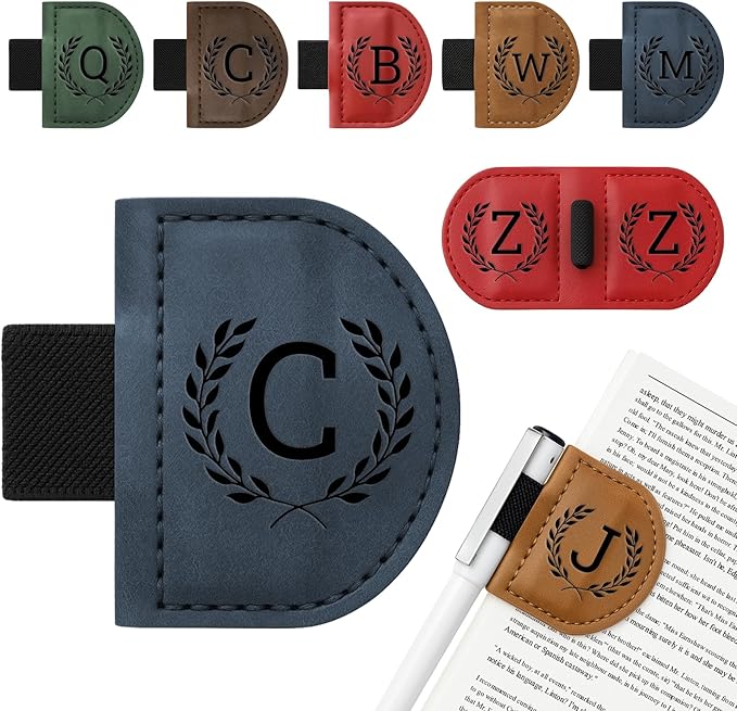Personalized Bygone Mark Bookmark with Pen Holder,Engraving Leather Magnetic Bookmarks Vintage 26 Letters Name Initials Text Book Marker Clips Gifts for Reading Book Lovers Women (Blue, D)
