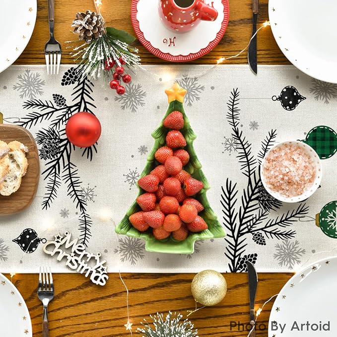 Artoid Mode Green Pine Trees Snowflake Merry Christmas Table Runner, Winter Xmas Holiday Kitchen Dining Table Decoration for Home Party Decor 13x72 Inch