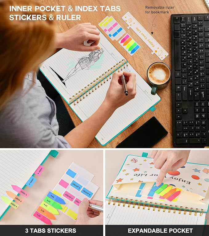 Spiral Notebook Journal for Women Men, 300 Numbered Lined Pages, College Ruled, A5 Hardcover Spiral Bound Notebook for School, Work, Note Taking Writing, Leather Spiral Journal Medium 5.9"x8.5"