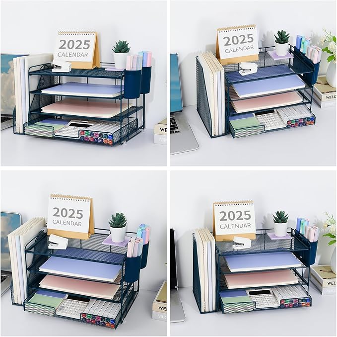OPNICE Desk Organizer and Accessories, 4-Tier Desktop File Organizer with Drawer and 2 Pen Holders, Office Desk Accessories, File Sorters, Workspace Organizers for Office Supplies(Dark Blue)