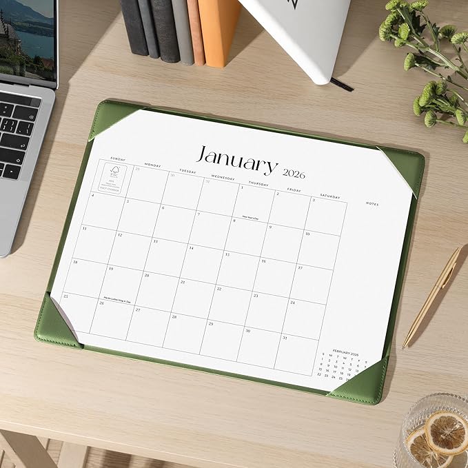 Simplified Desk Calendar 2026-2027 with Desktop Mat, Cabbrix Medium Desk Pad Calendar 15" x 12" Runs From January 2026 to June 2027, Desk Blotter Calendar for Home School and Office (Green)