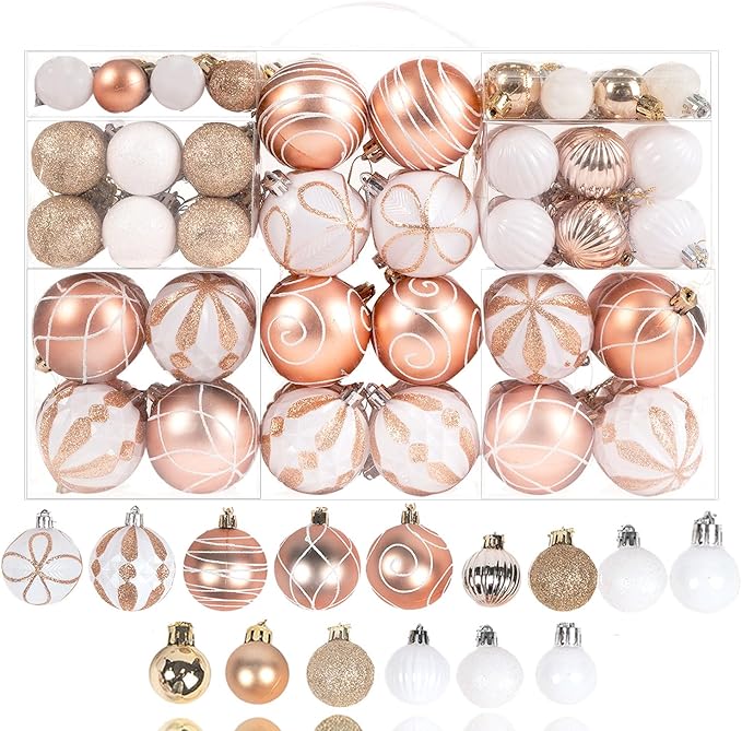 100Pcs Elegant Christmas Balls Set Christmas Tree Ornaments with Glitter and Patterns Bulk Ornaments for Tree as Festive Christmas Decor Xmas Ball Set Champagne White