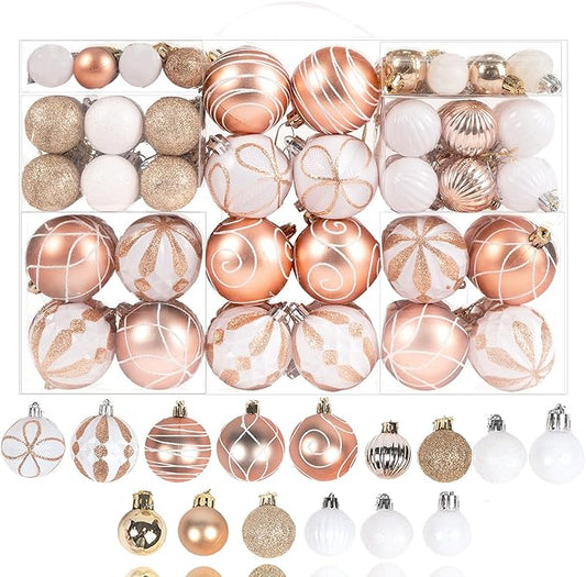100Pcs Elegant Christmas Balls Set Christmas Tree Ornaments with Glitter and Patterns Bulk Ornaments for Tree as Festive Christmas Decor Xmas Ball Set Champagne White
