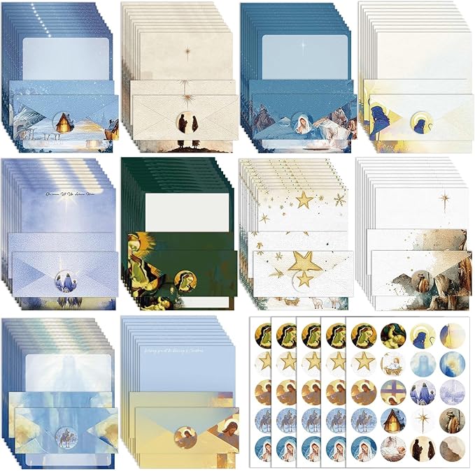 250Pcs Christmas Stationery Paper and Envelope Set with 100 Letterhead Papers and 50 Envelopes, 10 Design for Letter Writing Invitations Computer Holidays Party Notes, 8.5x11 Inch-Nativity