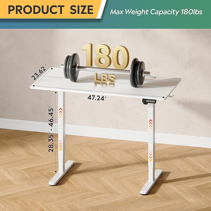 DEVAISE 48 Inch Electric Standing Desk, 3 Adjustable Height Stand up Desk for Home Office, Ergonomic Sit to Stand Desk with LED Touchscreen，Headphone Hook, 3 Memory Preset Computer Desk (White)