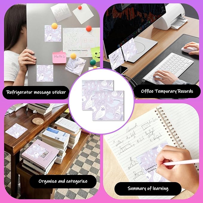 Sticky Notes 3x3 Inches, 2 Pads Cute Colorful Self-Stick Note Pads, Easy to Post for Home, Office and Daily Life Organization Cute Purple Bird