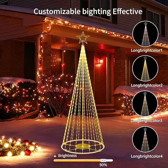 12Ft Outdoor Lighted Christmas Tree Lights Cone Tall Star Topped Artificial Christmas Trees Arbol de Navidad Outside Decor for Xmas New Year Holiday Multicolor/WarmWhite