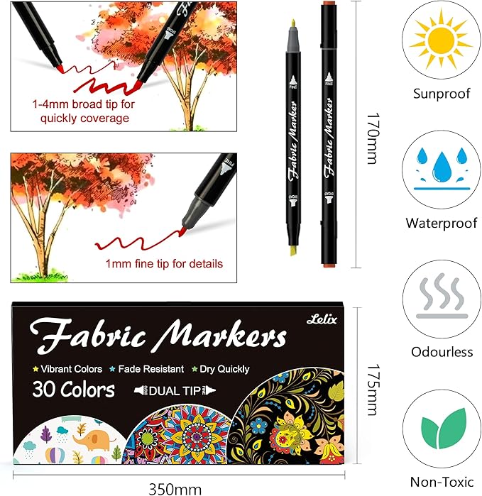 Lelix Fabric Markers, 30 Permanent Colors Dual Tip Fabric Pens for Writing Painting on T-Shirts Clothes Sneakers Canvas Pillowcases, Child Safe & Non-Toxic for Kids Adults