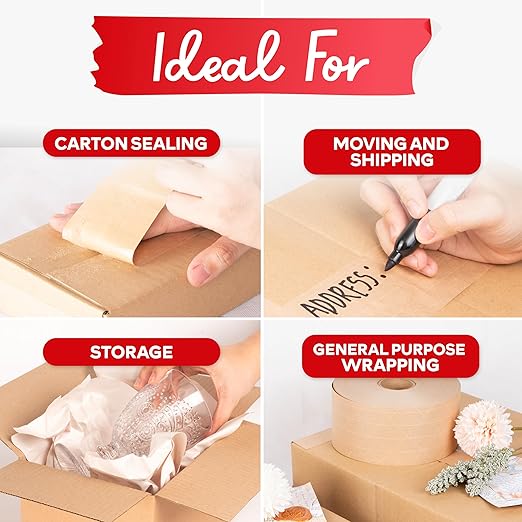 XFasten Brown Paper Tape - 2.75-Inch x 375-Feet, 8-Pack Water Activated Kraft Tape for Packing Boxes