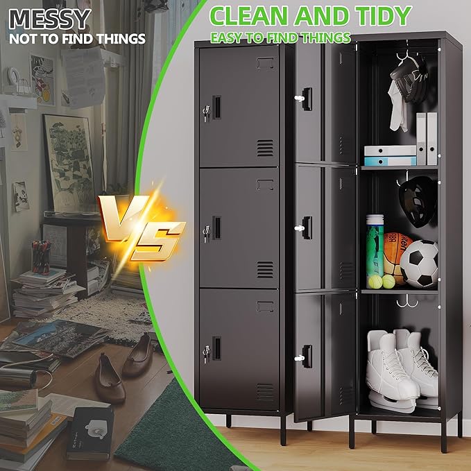 Aobabo 16" W 3 Door Metal Storage Locker with Lock, 66" H Steel Locker with Name Card Holder and Metal Hook for School, Home, Office, Playroom, Assembly Required, Black