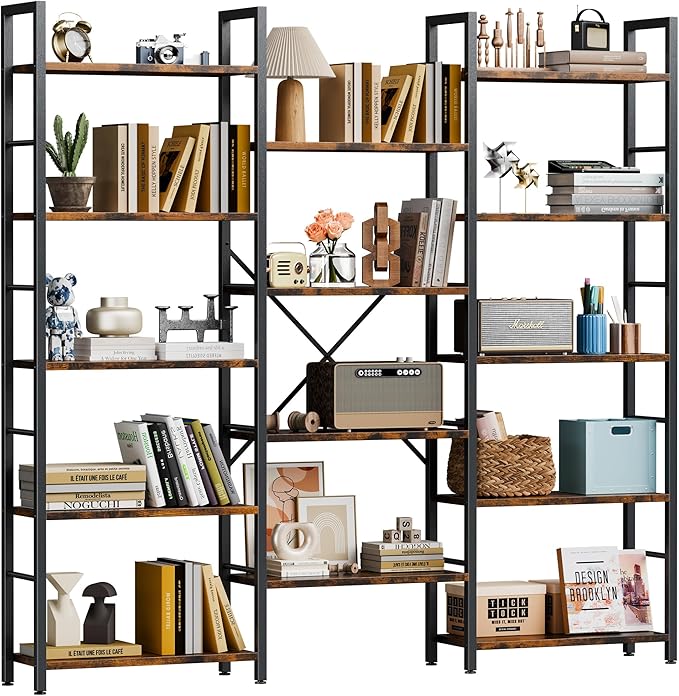 Shintenchi Triple Column 5 Tier Bookshelf, Industrial Large Bookcase with 14 Open Display Shelves, Large Etagere Bookshelf,Wide Book Shelf Book Case for Home & Office, Rustic Brown