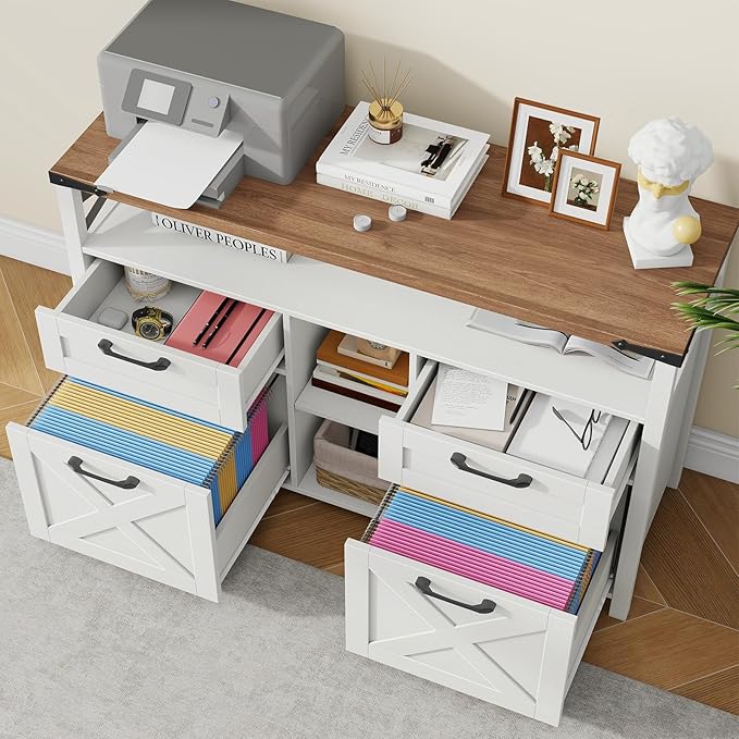 Farmhouse Filing Cabinet with Adjustable Shelf for Home Office, Lateral File Cabinets 4 Drawers with Open Storage Shelf, Filing Organization Storage Cabinets for Hanging Files Letter/Legal/F4/A4.