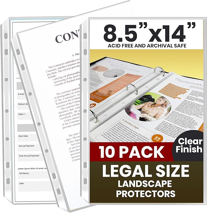 Performore 10 Pack of 8.5 x 14 Legal Size Heavyweight Clear Sheet Protectors, Plastic Legal Paper Sleeves, Clear Archival Quality, Long Sheet Protectors for Binders Documents