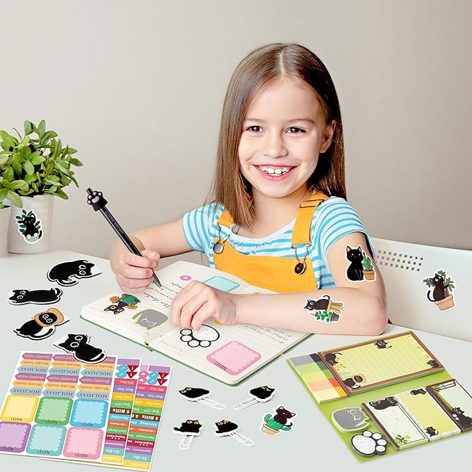 B1ykin Notebook Sticky Notes Stationery Set, 6Pcs Hardcover Ruled Journal Notebook with Planner Stickers, Neutral Pen Bookmarks Clips Birthday Gift for Office Students (Black Cat Floral)