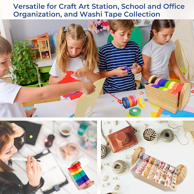 Wooden Kids Craft Tape Dispenser, Multi Roll Masking Tape Holder, Washi Tape Dispenser (Acrylic Serrated Cutter) - Perfect Craft Organizer for Children - [Masking Tape NOT Included]