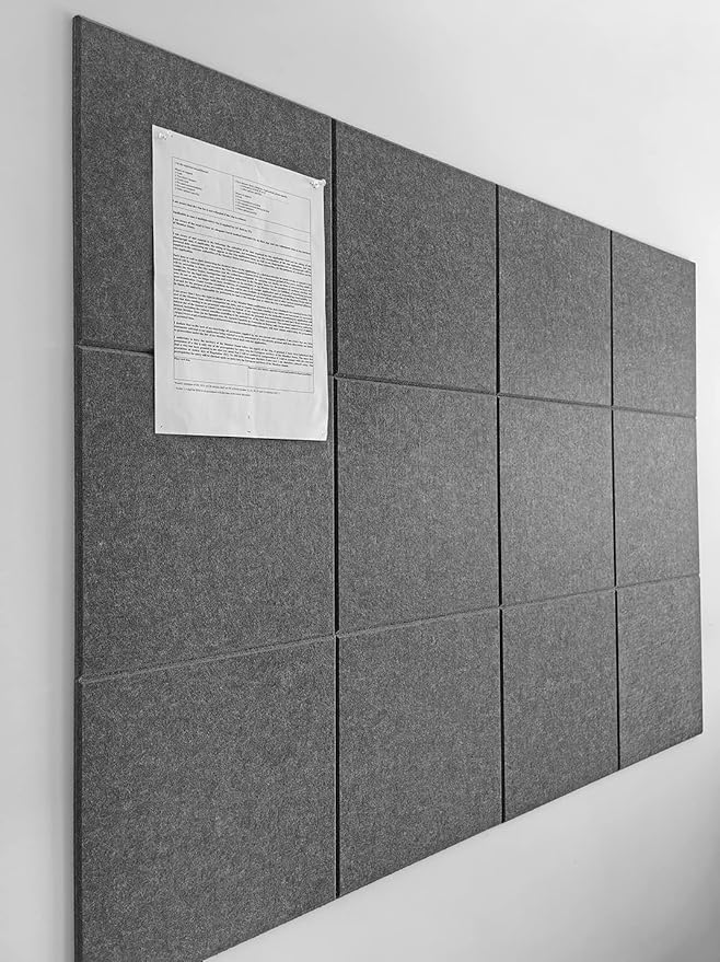 Large Cork Board Alternative - 12-Pack Felt Wall Tiles with Safe Removable Adhesive Tabs, Cork Wall Tiles Bulletin Board Home Office Essentials - Gray