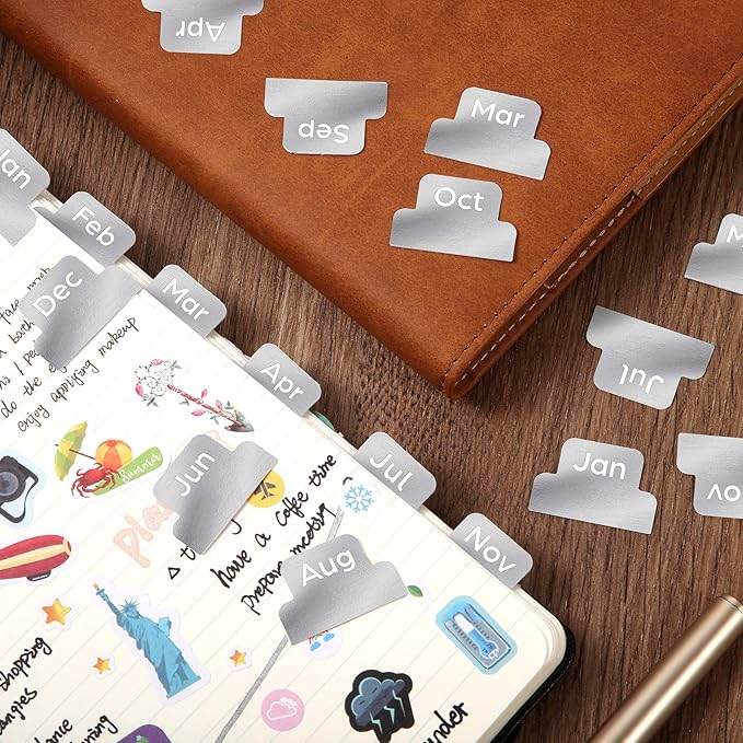 72 Pieces Adhesive Monthly Planner Tabs Monthly Index Stickers Decorative Label Calendar Stickers for Office Study Planner Journal Notebook Back to School Accessories(Silver)