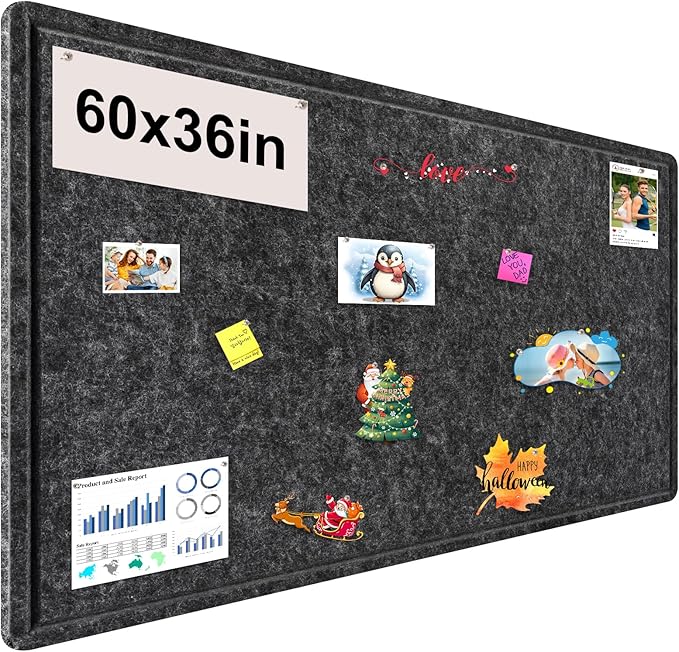 Large Bulletin Board, Foldable 60x36 Inches Cork Board Alternative, Large Felt Board Decorative Pin Board for Wall, Foldable Photo Board Self-Adhesive Vision Board with 36 Pushpins Dark Gray