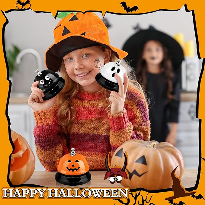 Hotop 3 Pcs Desk Bell for Service Funny Front Desk Smile Face Metal Ringer Call Bell for Kitchen Hotel Restaurant Classroom(Pumpkin, Ghost, Bat,Orange, Black, White)