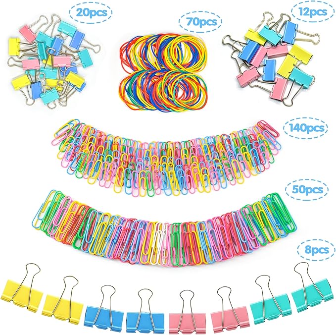 Paper Clips Binder Clips, Colored Office Clips Set - Back to School Supplies- Assorted Sizes Paperclips Paper Clamps Rubber Bands for Office and School Supplies, Document Organizing
