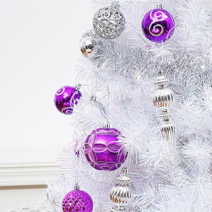 123pcs Christmas Ball Ornaments Set, Shatterproof Plastic Balls for Classic Xmas Decorations, Hanging Ornaments for Christmas Tree, Holiday, Bridal, Home Party, Purple and Silver