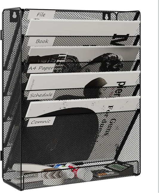 6 Tier Wall File Mounted Magazine Rack with Tray Mesh A4 Paper Organiser Mail Holder Storage, Black