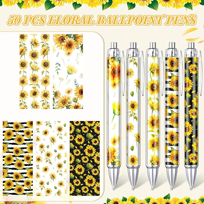 Thenshop 50 Pcs Sunflower Pens Bulk Sunflower Theme Gel Ink Ballpoint Pens Flowers Party Favors Appreciation Gifts for Mom Nurse Employee Office Summer Holiday
