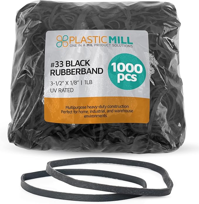 PlasticMill UV Resistant Rubber Bands Size 33 (3 1/2" x 1/8") - EPDM #33 Black Rubber Bands Office Supplies - Strong, Elastic Bands for Crafts, Cash, File Folders (1,000-Pack)