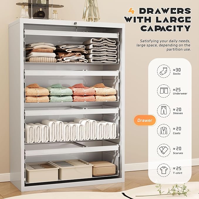 Superday Lateral File Cabinet 4 Drawer Metal File Cabinet with Lock, White Filing Cabinets for Home Office, Locking Filing Cabinets Hanging Files Letter/Legal/F4/A4