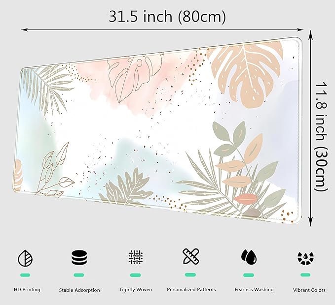 Pastel Boho Leaf Desk Mat Aesthetic Gaming Mouse Pad XL Large Extended Desk Pad Anime Desk Matt for Desktop, Laptop Computer Keyboard and Mouse Mat for Women Office Decor Accessories 31.5x11.8 in