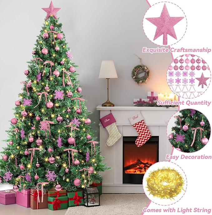 86Pcs Led Light Pink Christmas Tree Decorations Set 100 Led Light Christmas Star Trees Topper with String Lights Xmas Balls Snowflakes Ornaments Bows Xmas Trees Decor 20m Light String