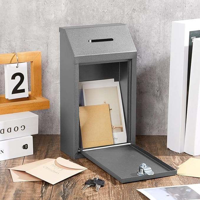 Metal Donation Cash Box Collection Safe Suggestion Box with Lock Wall Mounted Mailbox Delivery Ballot Container for Home Office Outdoor Door