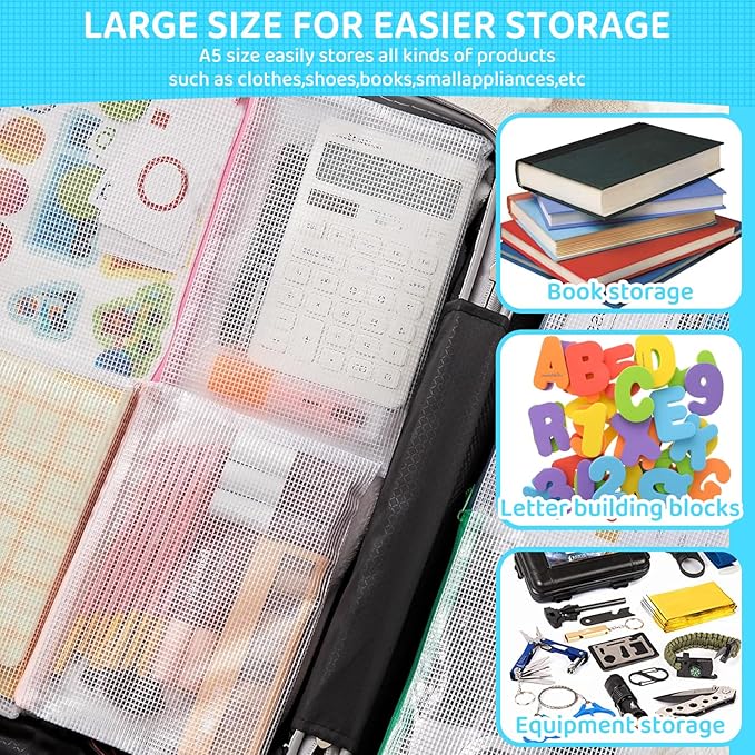 24pcs Mesh Zipper Pouch Bags, A5 9.4 x 6.9 Inches Reusable Zipper Bags Puzzle Storage Organizer 8 Colors Multipurpose for Travel Board Games Office Supplies and Home Organization