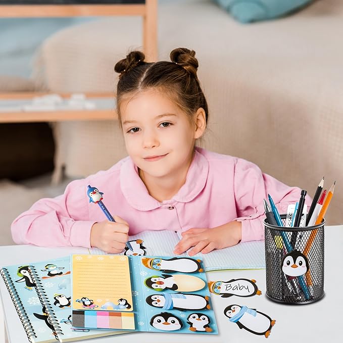 B1ykin 3Pcs Penguin Notebook Sticky Notes Stationery Gift Set, A5 Spiral Notebooks & 550 Sheets Sticky Notes with Silicone Penguin Neutral Pen Kit for Office School Kids Students Birthday Supplies