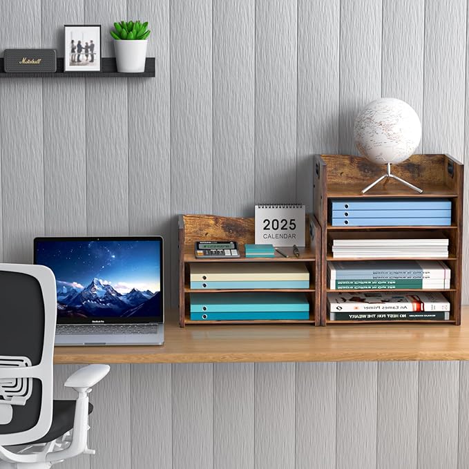 3-Tier Wood Paper Organizer, File Holder for Desk With Handle - Wooden Paper Letter Tray, Desk Organizer and Accessories, File Cabinet for Home Office, School