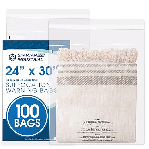 Spartan Industrial - 24" X 30" (100 Count) Self-Seal Clear Poly Bags With Suffocation Warning for Packaging, Shipping, Decor - Permanent Adhesive
