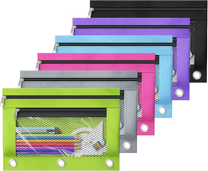 DoDoMagxanadu Binder Pencil Pouches, Pencil Pouch for 3 Ring Binder, Double Pocket Clear Window Pencil Case for Binder, Zippered Pencil Pouches with Rivet Enforced 3 Ring, 12 Pack