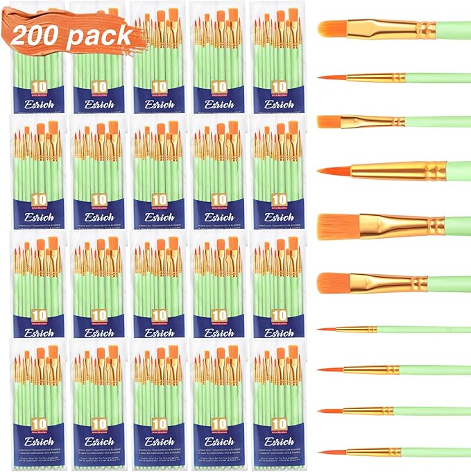 ESRICH Paint Brushes Set,20 Packs 200 Pcs Acrylic Paint Brush Set,Acrylic Oil Watercolor, Face Nail Art, Miniature Detailing,Rock Painting,Painting Artist Professional Kits(Green)