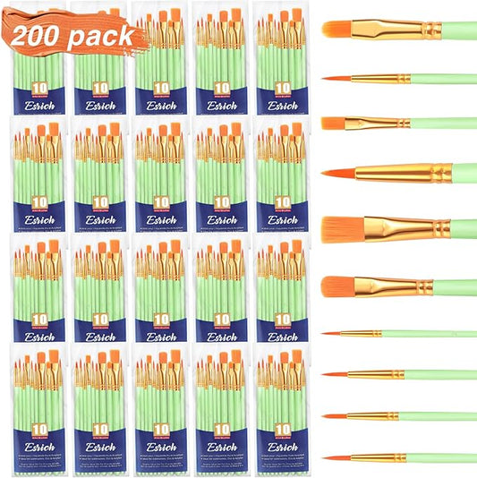 ESRICH Paint Brushes Set,20 Packs 200 Pcs Acrylic Paint Brush Set,Acrylic Oil Watercolor, Face Nail Art, Miniature Detailing,Rock Painting,Painting Artist Professional Kits(Green)