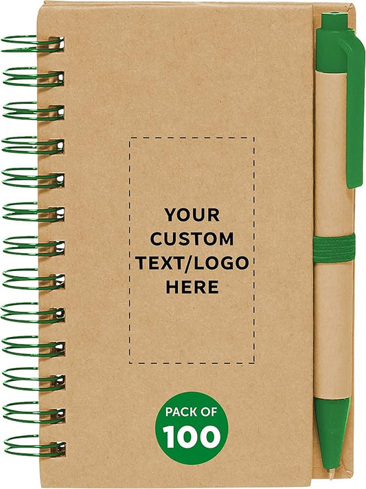 Custom Mini Spiral Notebooks with Black Ink Pens Set of 100, Personalized Bulk Pack - Perfect for School, Office, Business, Home - Green