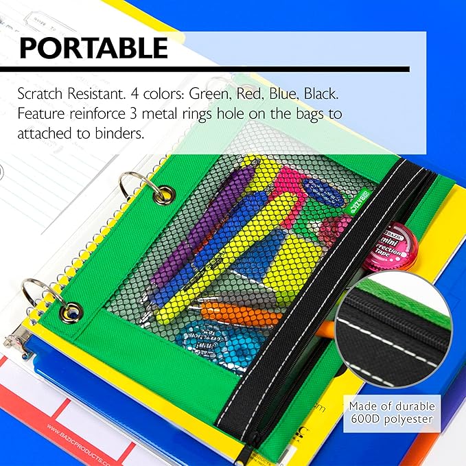 BAZIC Pencil Pouch 3 Ring Binder Pouch w/Rivet Enforced Rings Holes, Assorted Color Mesh Window Zipper Pouches, 4-Pack
